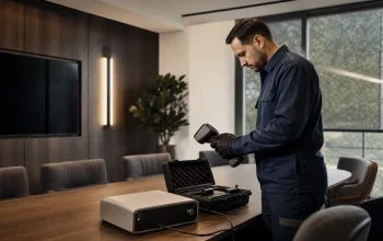 Tecnico che confronta scanner RF e NLJD in una sala riunioni moderna