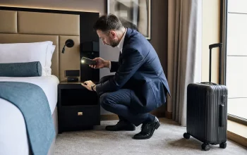 Ospite che controlla con attenzione una stanza d'hotel alla ricerca di dispositivi sospetti