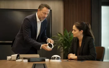 Sala riunioni moderna con dispositivi di sicurezza per la protezione delle conversazioni