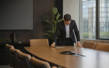 Sala riunioni riservata con atmosfera controllata e sicurezza discreta