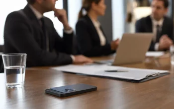 Smartphone sul tavolo di una sala riunioni con documenti aziendali sfocati